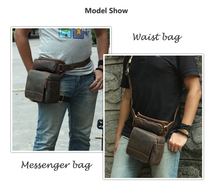 Genuine Leather Brown Men Waist Pack Shoulder Bag Leg Bag for