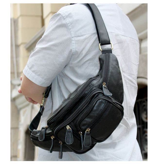 Cross-body Bag Cowhide Leather Black Fanny Pack Durable Men waist Bag ...