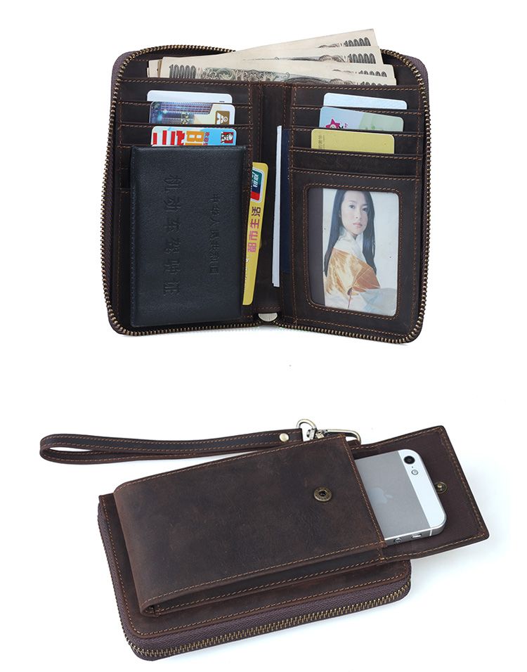 Men's Unisex Slim Leather Wallet Zip Around Card Holder iPhone Case ...